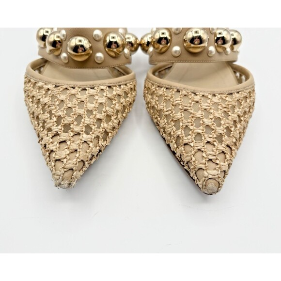 Jimmy Choo Basette Flats Beige/Nude Raffia w/ Gold Metal Embellishments Sz EU 36 - Picture 4 of 9